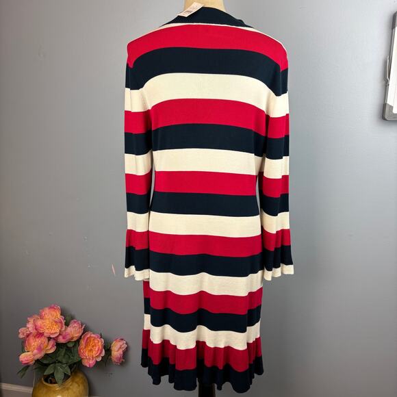 Loft Red White Blue Striped Dress Ribbed Flutter Bell Sleeves Ruffle Bottom New - Picture 2 of 13